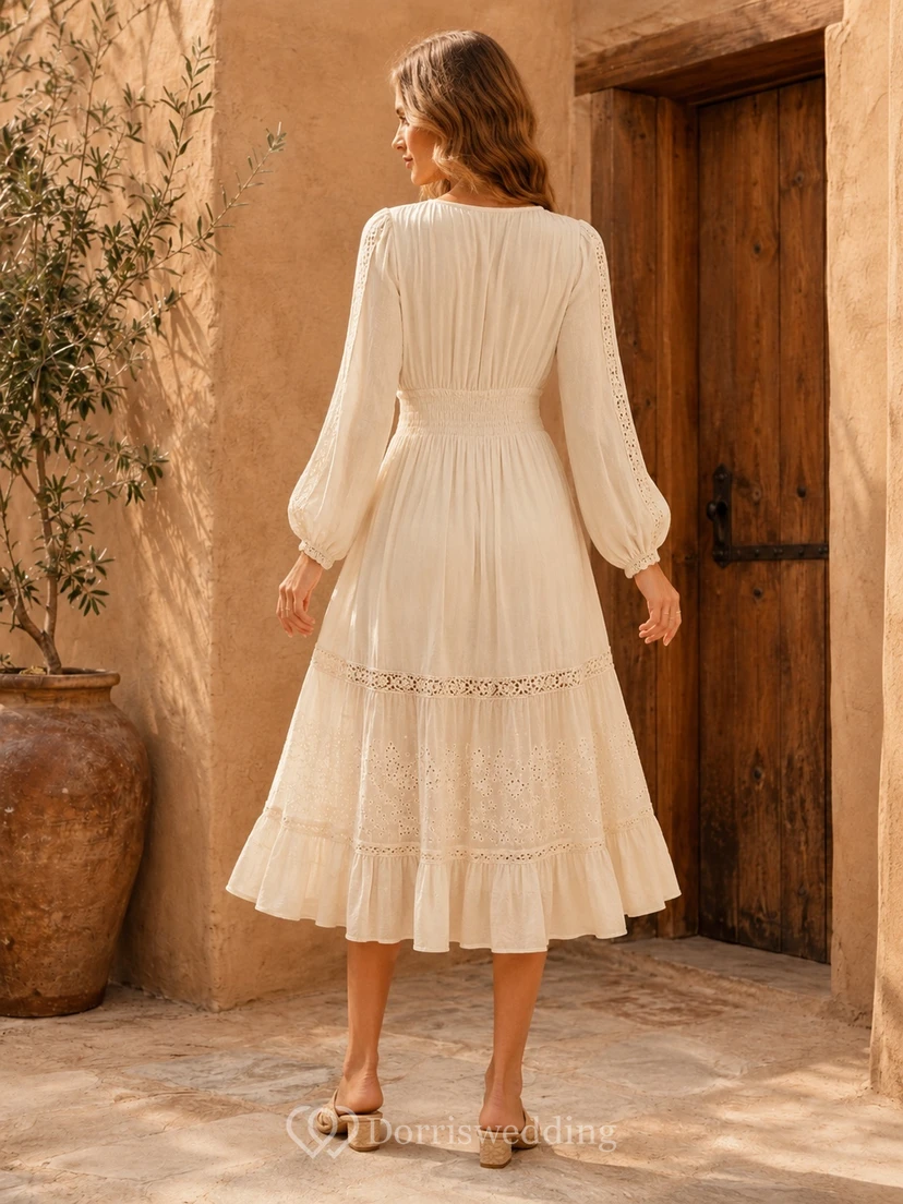 Cream V-Neck Long Poet Sleeve Lace Ruffle A-Line Tea-Length Bohemian Dress view 2