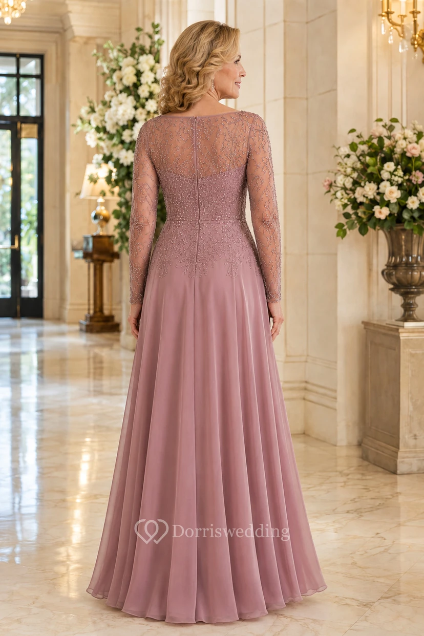 Mauve Lace Bodice Long Sleeve A-Line Mother Dress view 2
