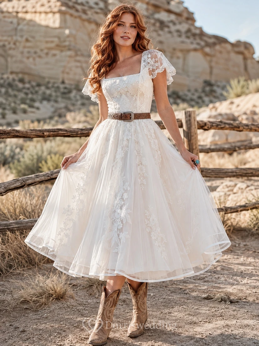 Western Tea-Length Square Neck Cap Sleeve Lace A-Line Civil Wedding Dress