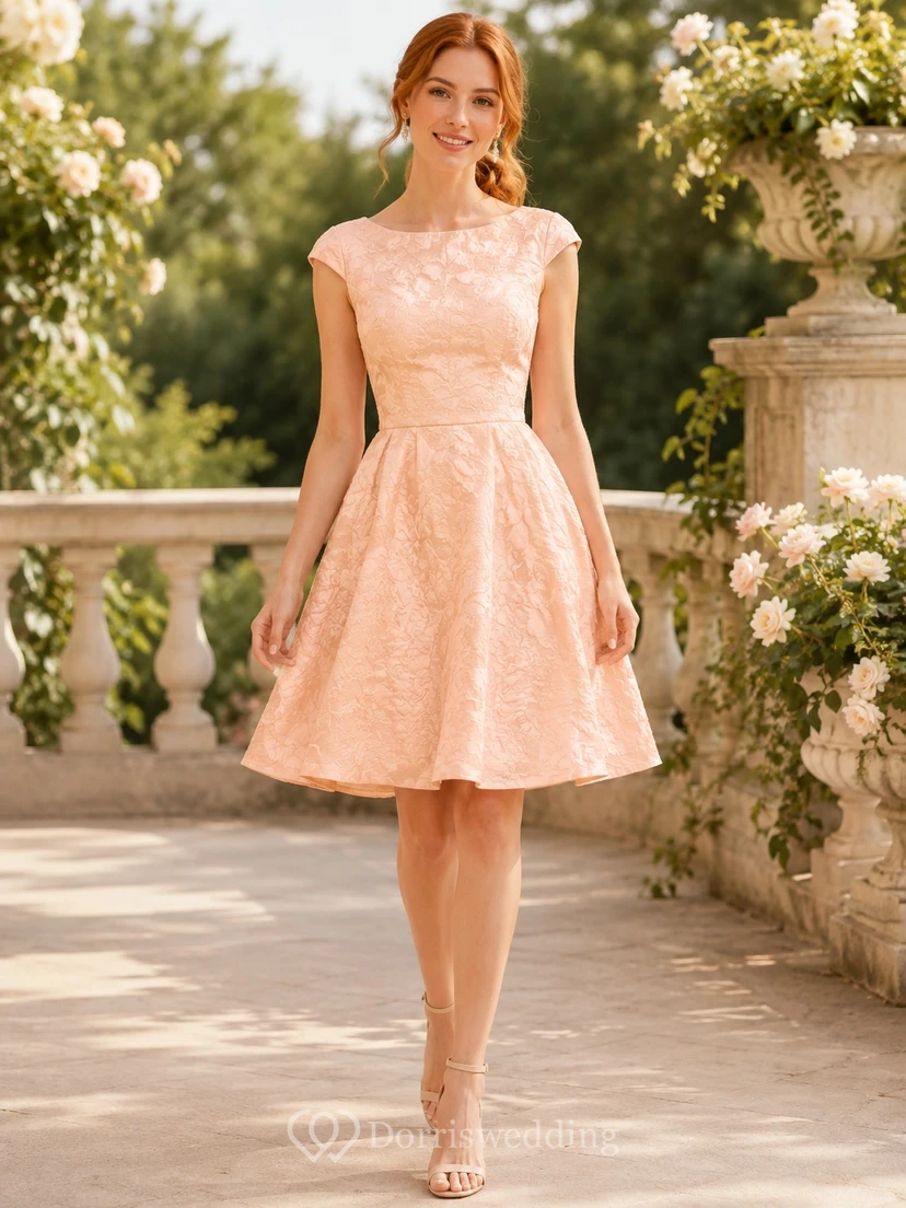 Robe de soirée trapèze texturée pêche avec fleurs tissées et taille naturelle