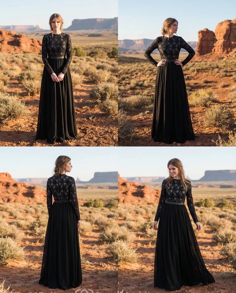 Tiered A-Line Chiffon Gown with Lace Sleeves view 3