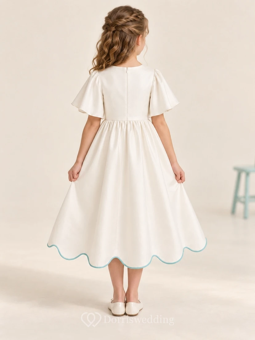 Modest Simple Ivory Tea-length Open Flutter Sleeve Broad Scalloped Satin Flower Girl Dress