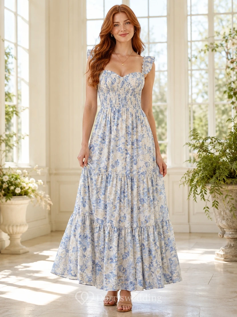 Blaues, geblümtes, gerüschtes A-Linien-Kleid mit Stufenrock und knöchellangem Rock für Gartengäste