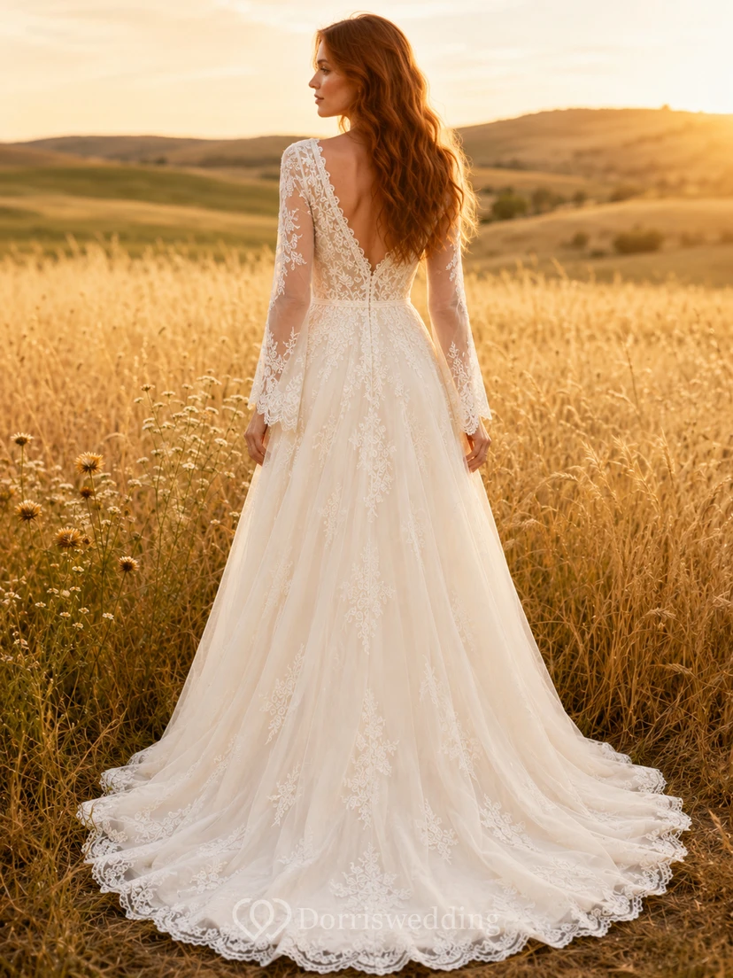 Brautkleid im Landhausstil mit Spitze, A-Linie, herzförmigem Schnitt, langen Ärmeln, Schleppe und tiefem V-Ausschnitt am Rücken view 2