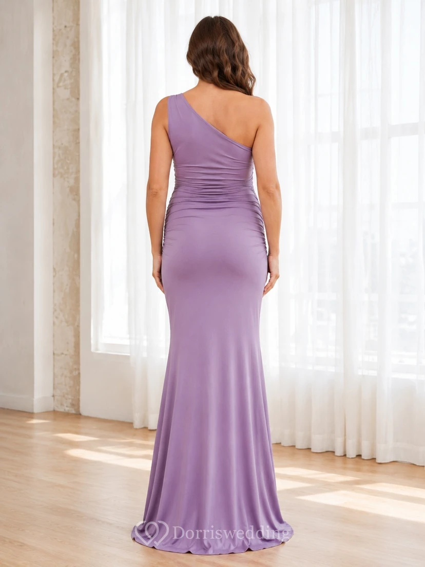 Lavender Maternity Ruched One-Shoulder Mermaid Floor-Length Jersey Sexy Evening Gown view 2