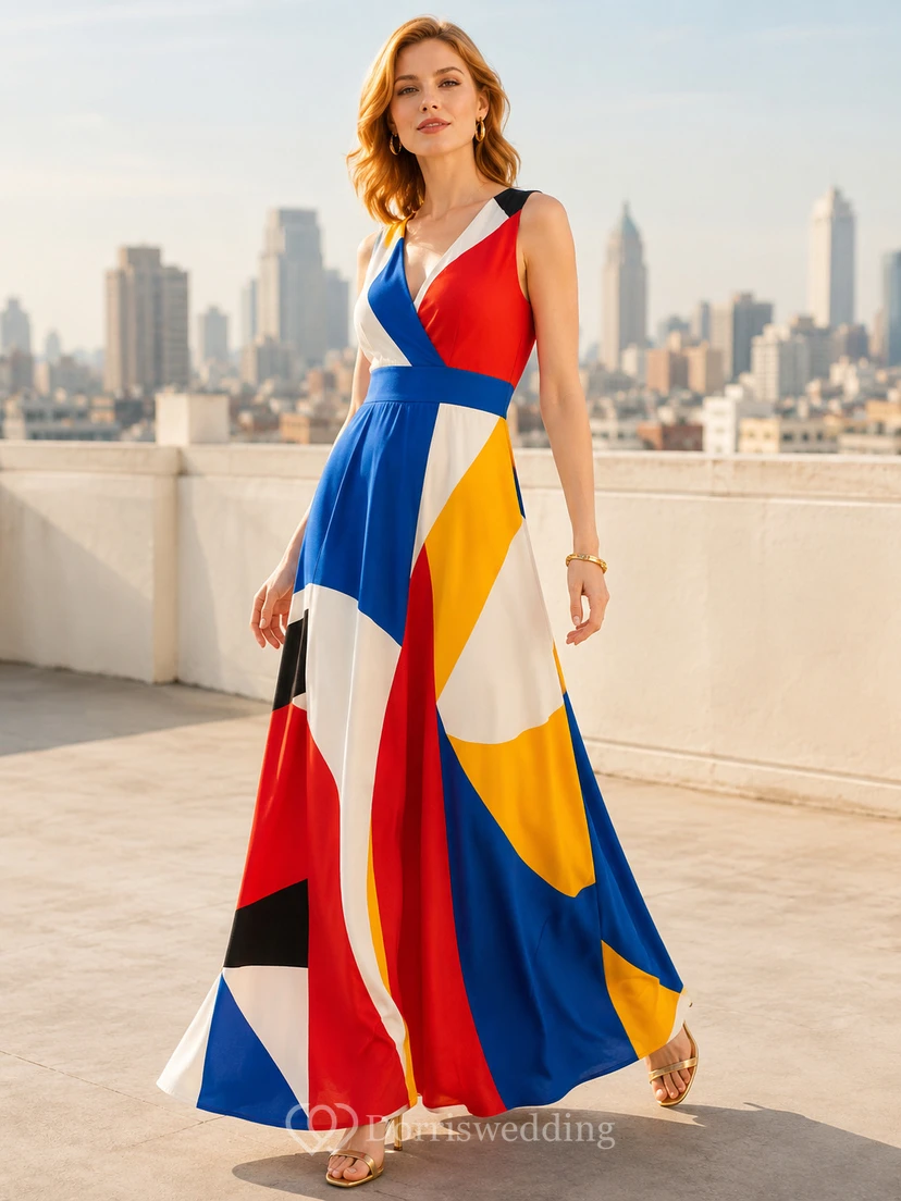 Robe maxi imprimée à blocs de couleur et imprimé abstrait, sans manches, col en V, pour toutes les occasions