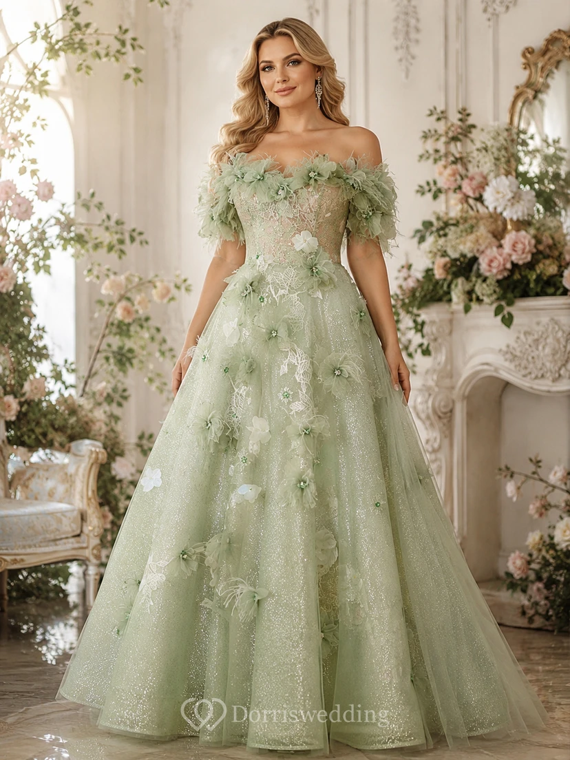 Hellblaues schulterfreies Ballkleid mit Blumenmuster view 4