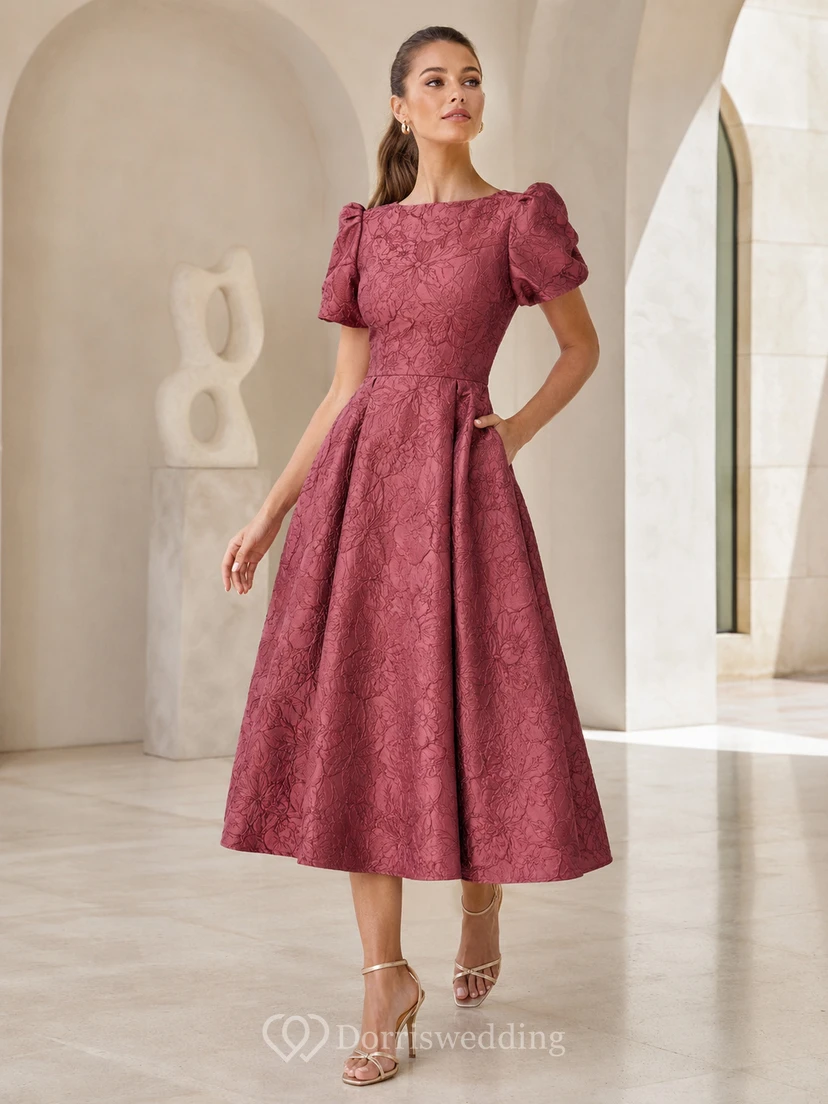Dusty Rose Bateau Puff Sleeve Jacquard A-Line Midi Wedding Guest Dress