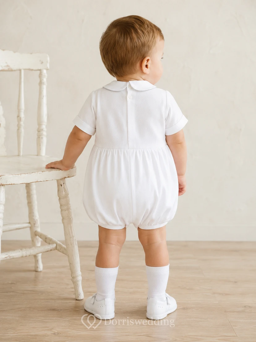 White Lace Bib Peter Pan Short Sleeve Christening Bubble Romper for Baby Boy view 2