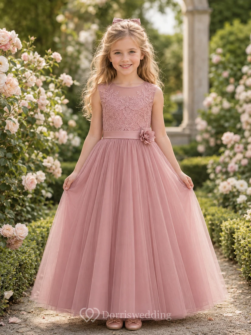 Flower Girl Dress Dusty Rose Lace Tulle A-Line Jewel Neck Floor Length