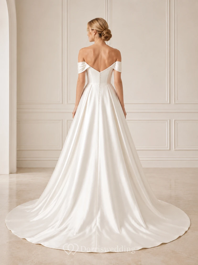 Vestido de novia de satén, corte A, sin hombros, largo hasta el suelo, con escote en V bajo en la espalda. view 2