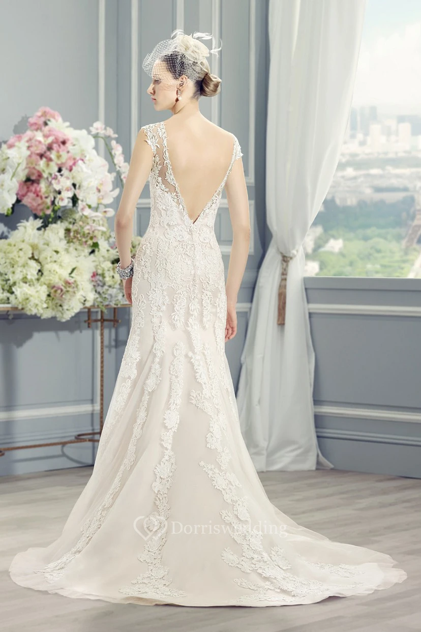 Sheath Scoop-Neck Long-Sleeveless Jeweled Lace Wedding Dress With Appliques And Deep-V Back view 3