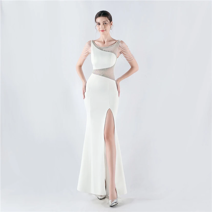 Heavy Hot Diamonds For Transparent Mesh High-Slit Satin Evening Dress Annual Meeting Wedding view 42