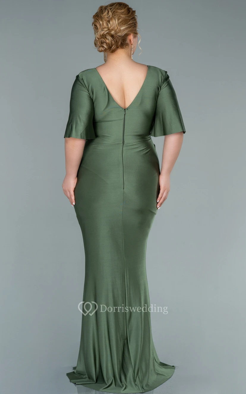 Charming V-neck Half-sleeve Sheath Mermaid Ruched Front Split Plus Size Evening Dress view 2
