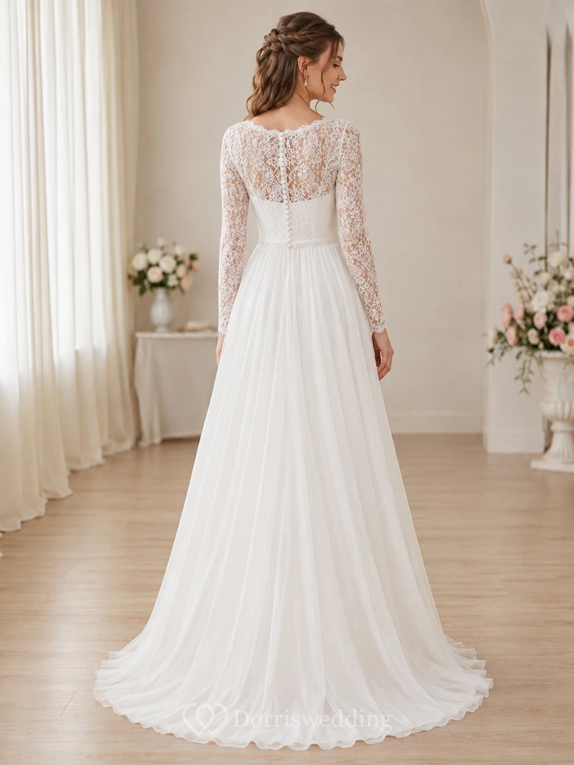 Budget High Neck Lace Chiffon Wedding A Line Long Sleeve Sweep Train view 2