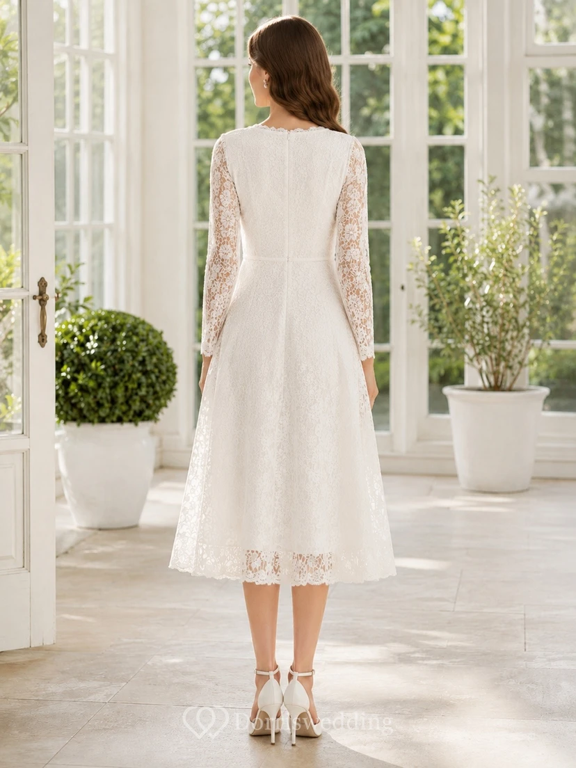 White V-neck Long Sleeve Lace Tea Length A-line Elegant Guest Dress view 2
