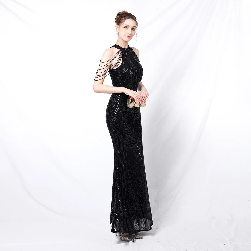 Robe de soirée élégante à col halter et sequins, allure de reine, style banquet, longue robe de soirée sirène à sequins, style star, glamour et décontracté. view 11