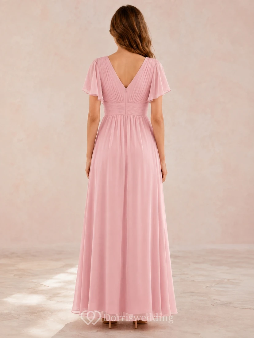Pearl Pink Empire V-Neck Flutter Sleeve Chiffon A-Line Guest Gown view 2