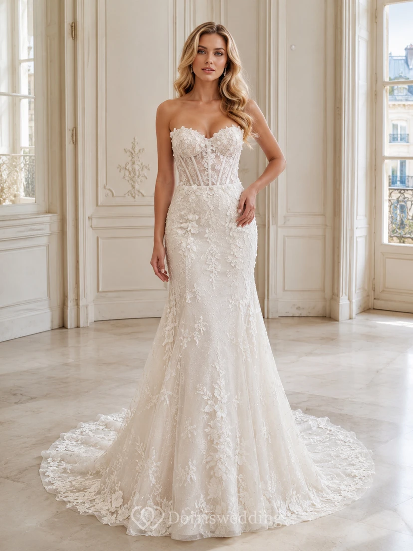 Sweetheart Brautkleid mit floraler Spitze, Meerjungfrauen-Schleppe und elegantem, skulpturalem Schnitt