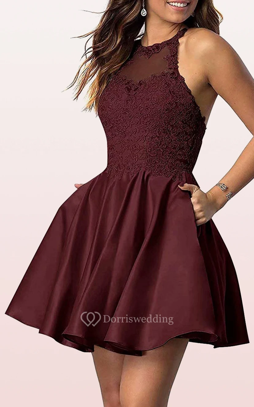 Robe de bal simple mini trapèze sans manches en satin et dentelle avec appliques view 7