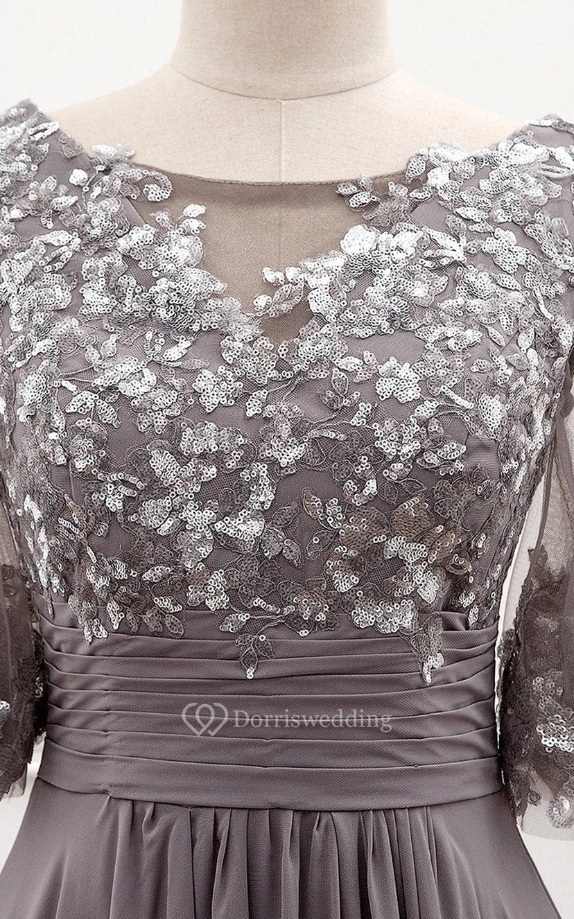 Robe de bal vaporeuse en mousseline de soie, longue jusqu'au sol, manches mi-longues, coupe trapèze, fermeture éclair et sequins view 5