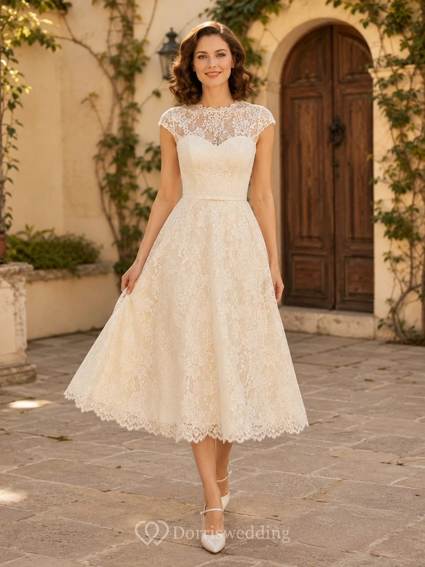 Robe de mariée vintage illusion en dentelle bateau, manches courtes, coupe trapèze, longueur thé, dos nu en forme de goutte, idéale pour une fugue amoureuse