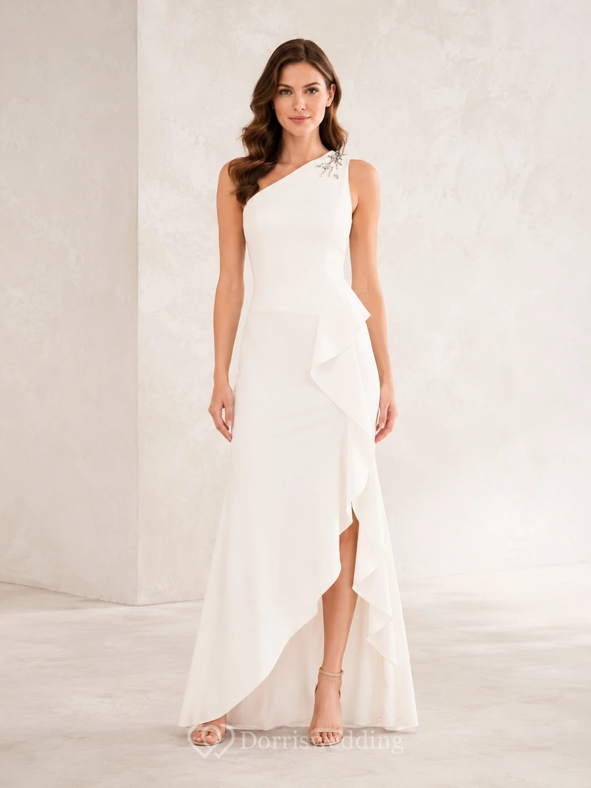 White Modern Cascading Ruffle One-Shoulder Sheath Formal Evening Gown