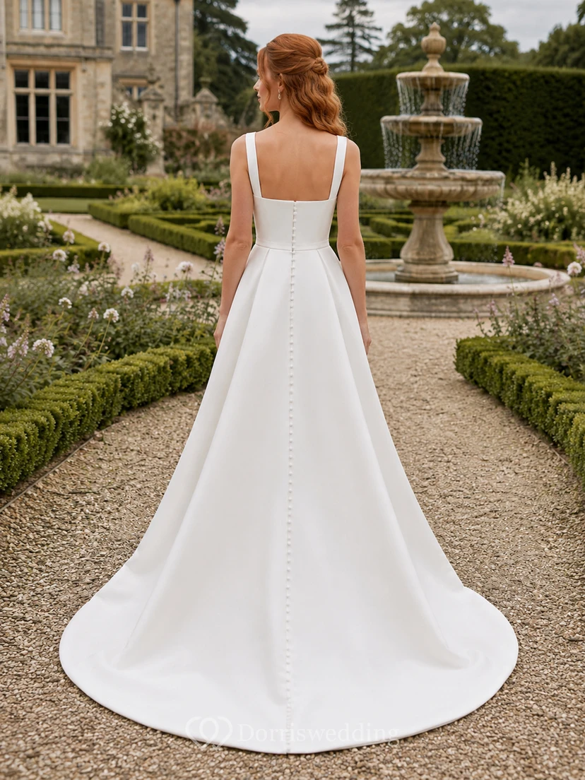 Robe de mariée de plage en satin et mousseline, robe de bal, col carré, sans manches, traîne. view 2