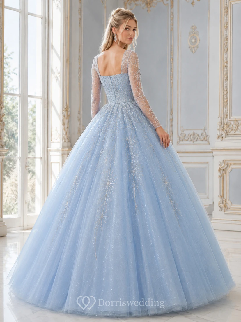 Sky Blue Modest Square Neck Long Illusion Sleeve Glitter Quinceanera Princess Ball Gown view 2