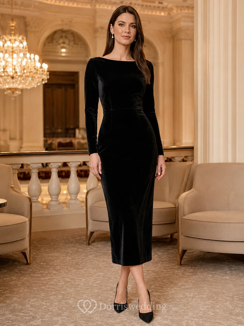 Black Long Sleeve Bateau Velvet Sheath Orchestra Midi Dress