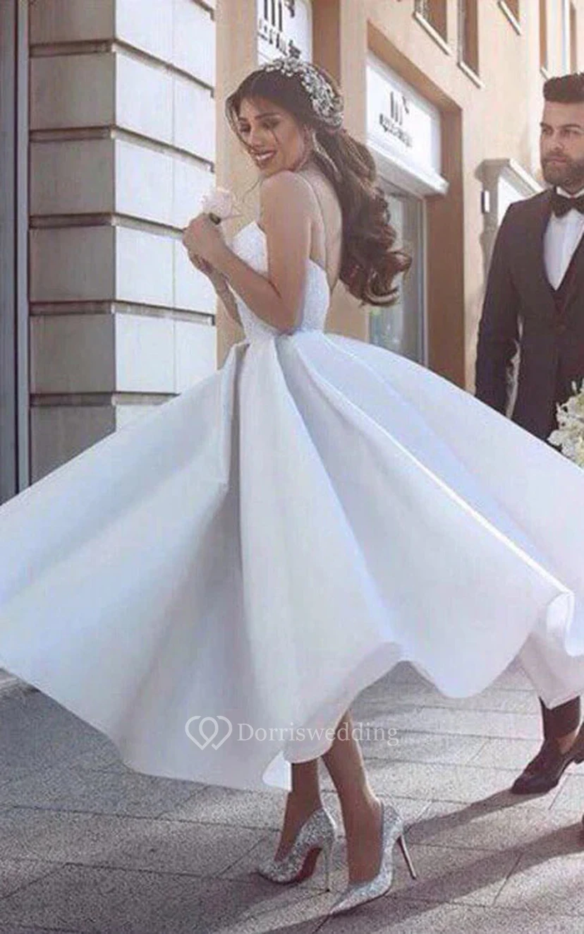 Spaghetti Short A-line Ankle-length Satin Lace Wedding Dress view 2