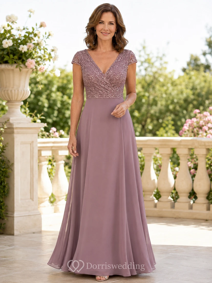 Vintage, mauvefarbenes Luxus-Chiffonkleid in A-Linie für die Mutter der Braut, bodenlang, mit V-Ausschnitt, paillettenbesetztem Oberteil und kurzen Ärmeln