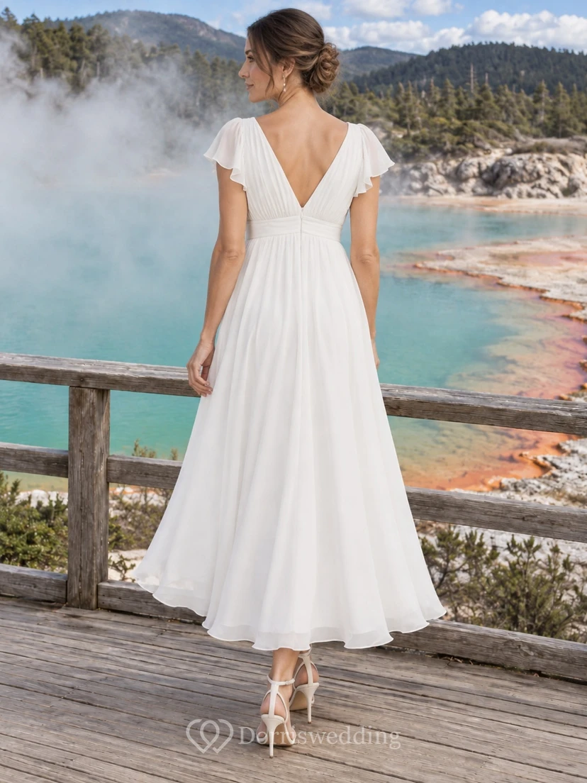 Schlichtes, teelanges A-Linien-Brautkleid mit V-Ausschnitt, flatternden Ärmeln view 2