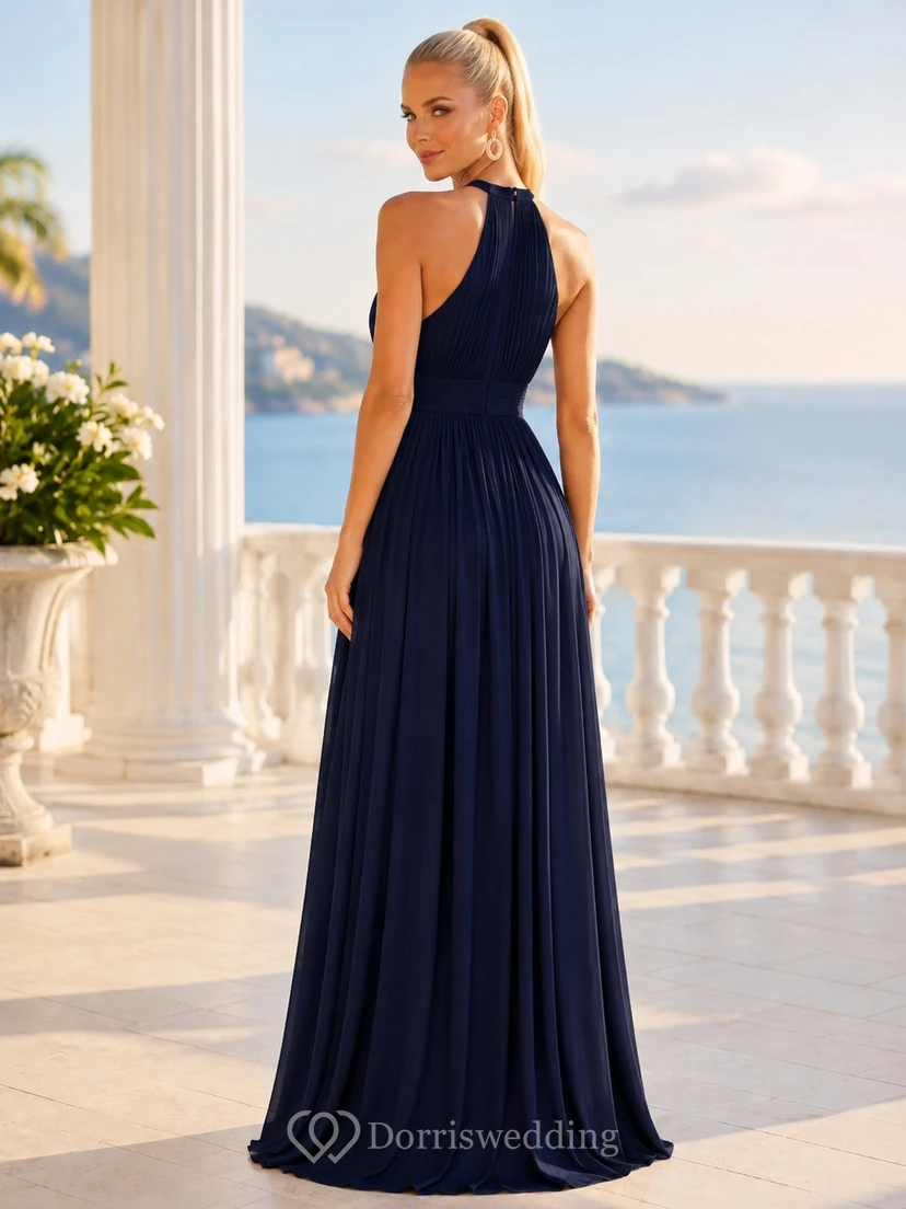 Dark Navy Chiffon Halter Neck Sleeveless Split Front A-Line Gown view 2