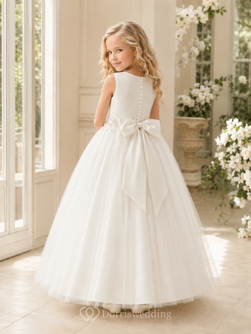 Flower Girl Dress Ivory Satin A-Line Jewel Neck Tea Length Bow Detail view 2