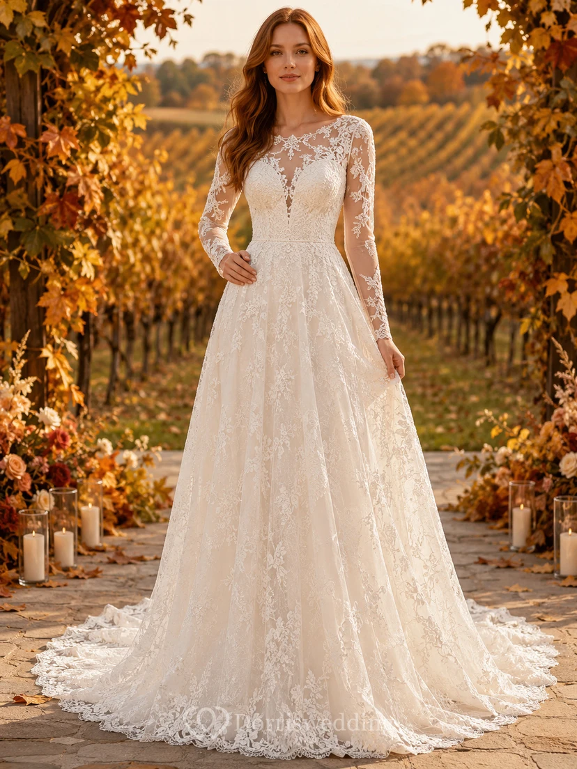 Fall Vineyard Long Sleeve Lace A-Line Wedding Dress