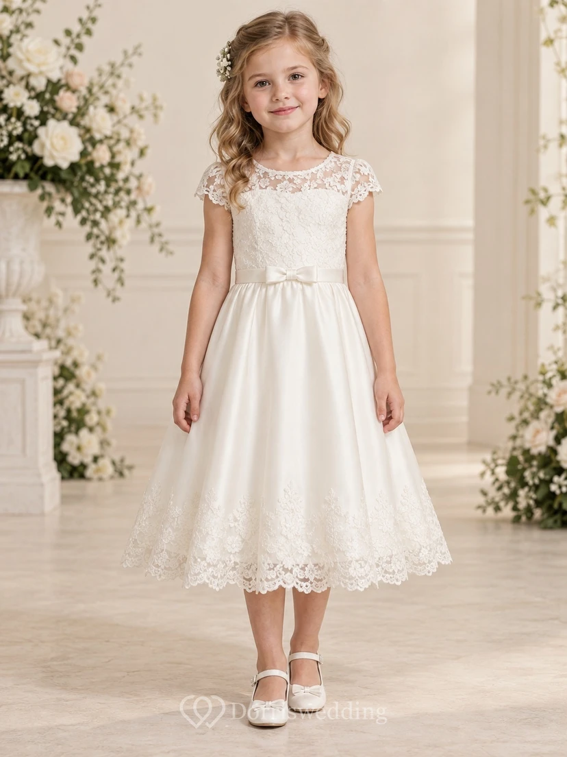 Tea-length Ivory Cap Sleeve Illusion Jewel Floral Lace Bow Sashed Satin Flowergirl Dress