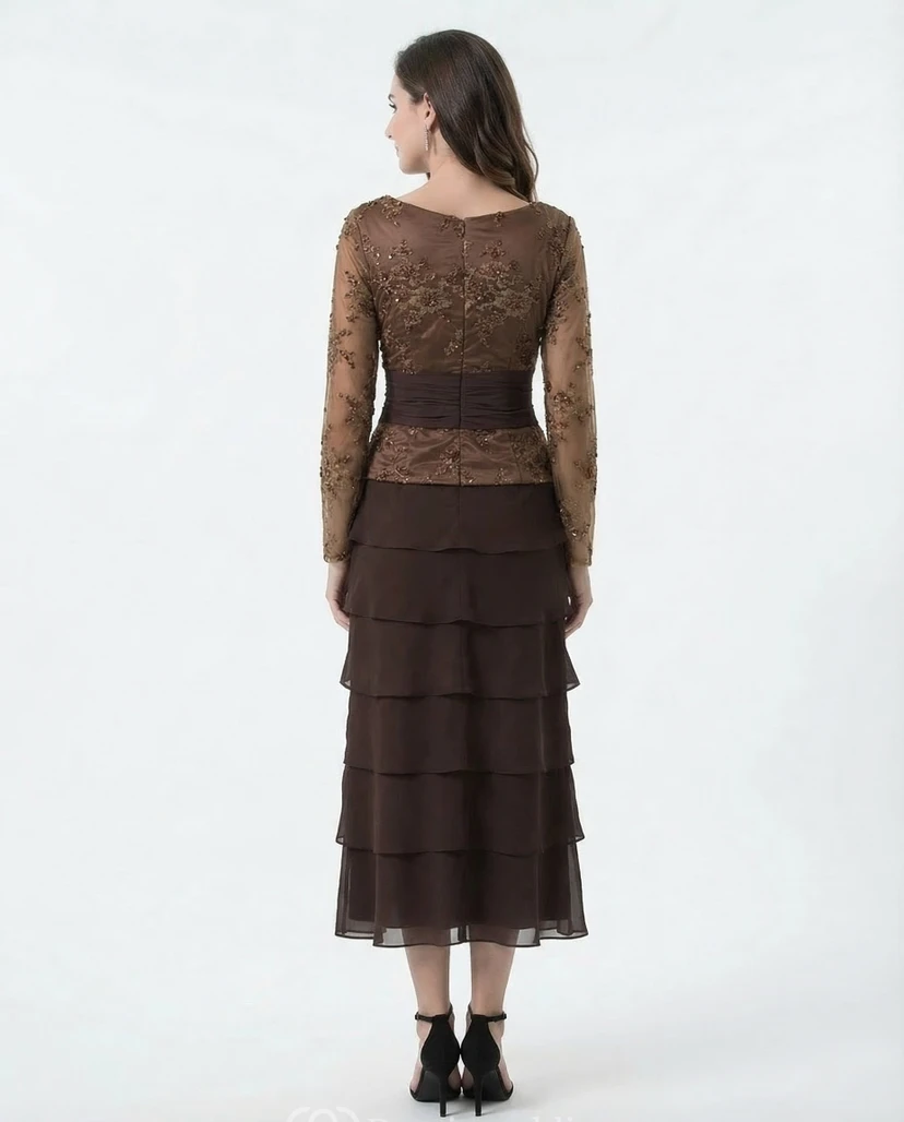 Square-Neck Tiered Gown with Lace Applique view 2