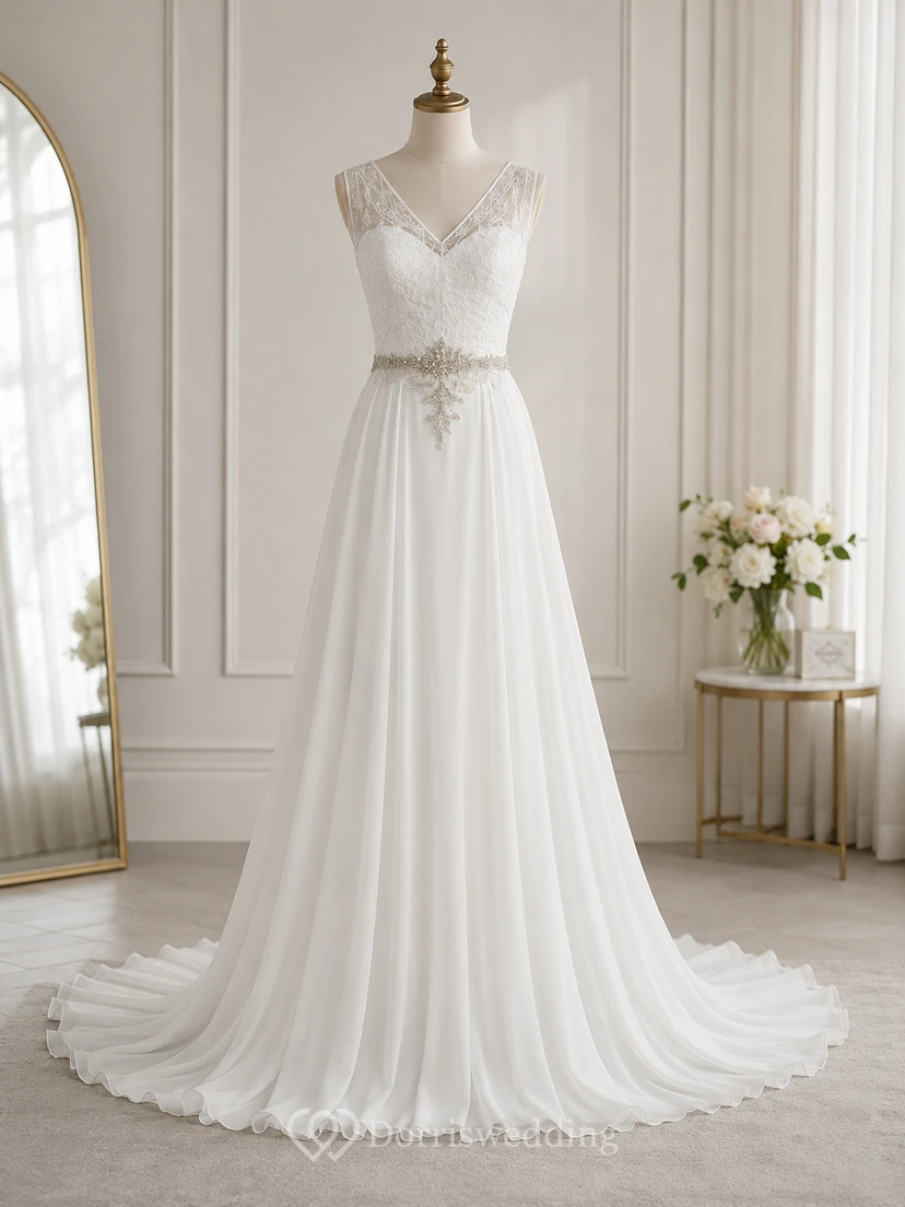 Empire-Chiffon-Brautkleid im griechischen Stil mit V-Ausschnitt, ärmellos und mit Perlenstickerei view 7