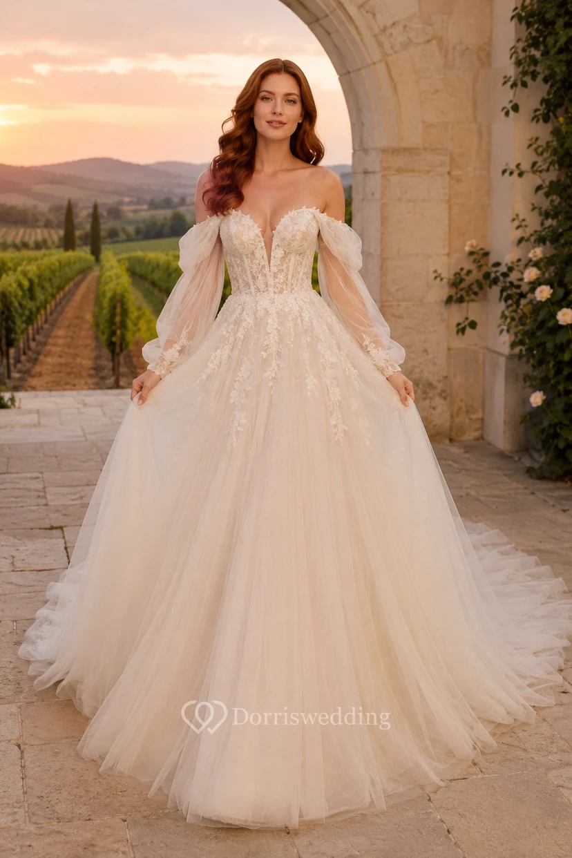Off-the-Shoulder Tulle Ball Gown Wedding Dress