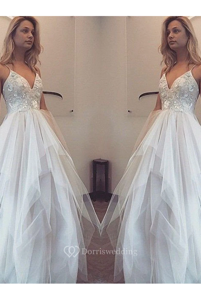 A-Line Lace Tulle Spaghetti Sleeveless Zipper Dress