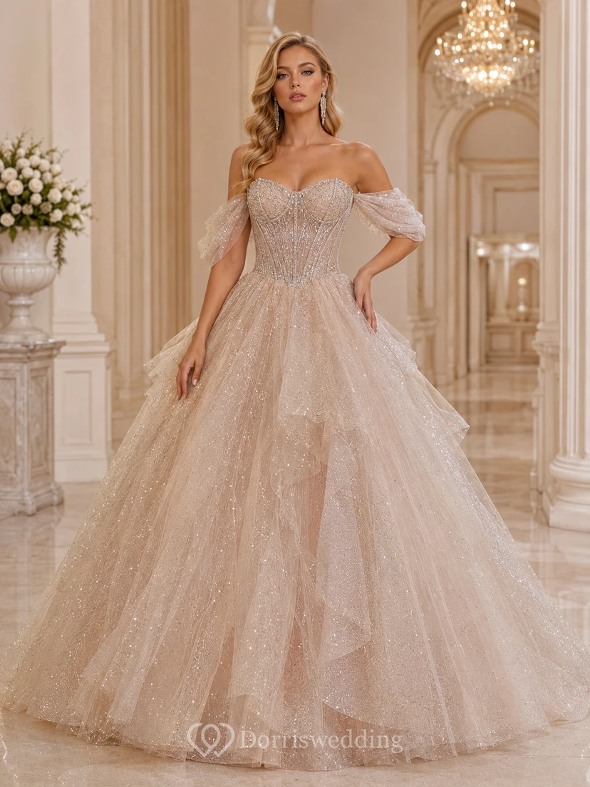Robe de bal de princesse de luxe couleur champagne, épaules dénudées, manches bouffantes, tulle cristal, quinceañera