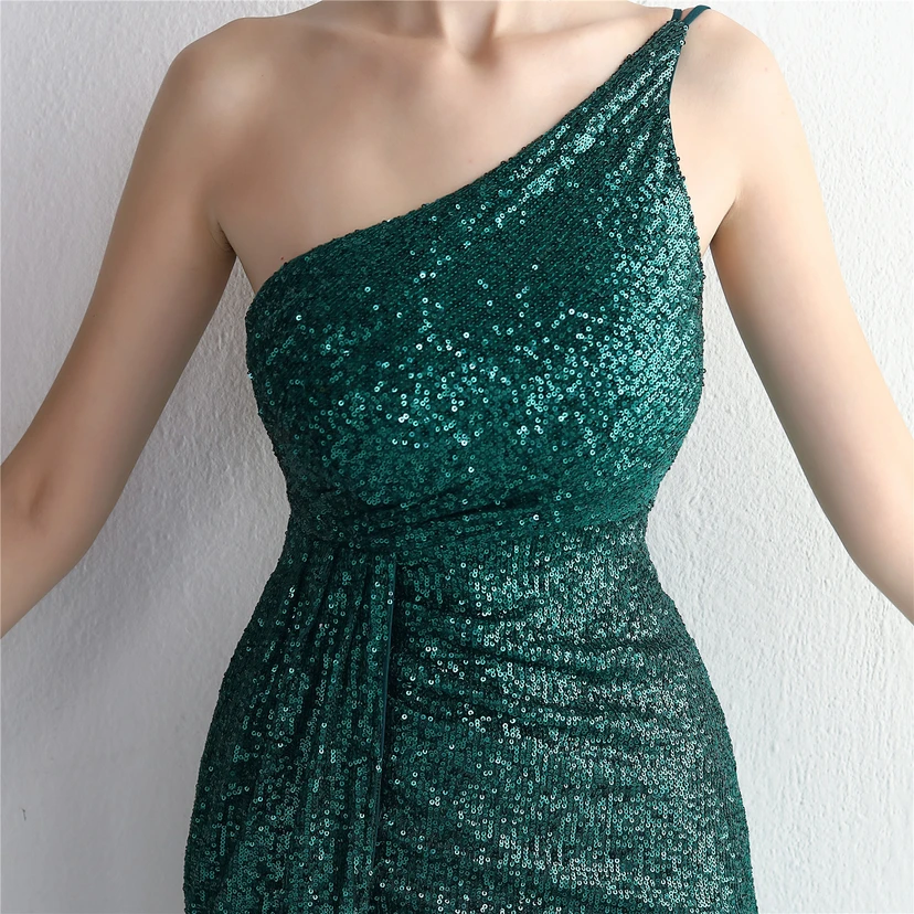 Sequined One-Shoulder Celebrity Cold Banquet Slit Long Sequin Aura Queen Dinner Fishtail Dress view 17