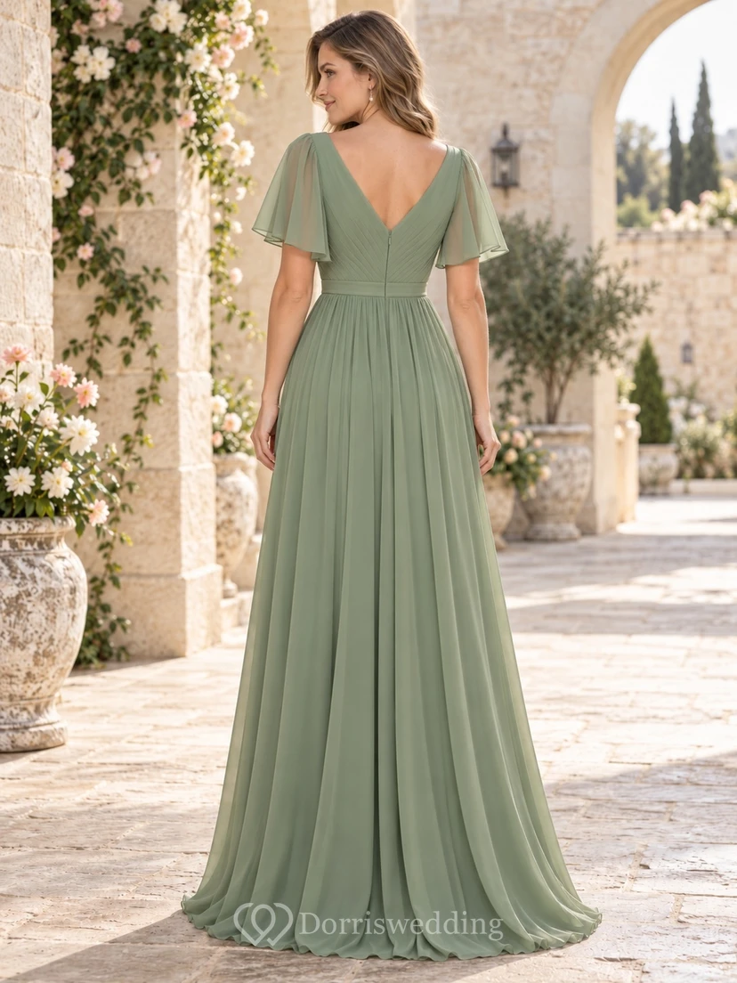 Vestido de dama de honor de gasa fruncida con escote en V y mangas transparentes con volantes, color verde salvia view 2