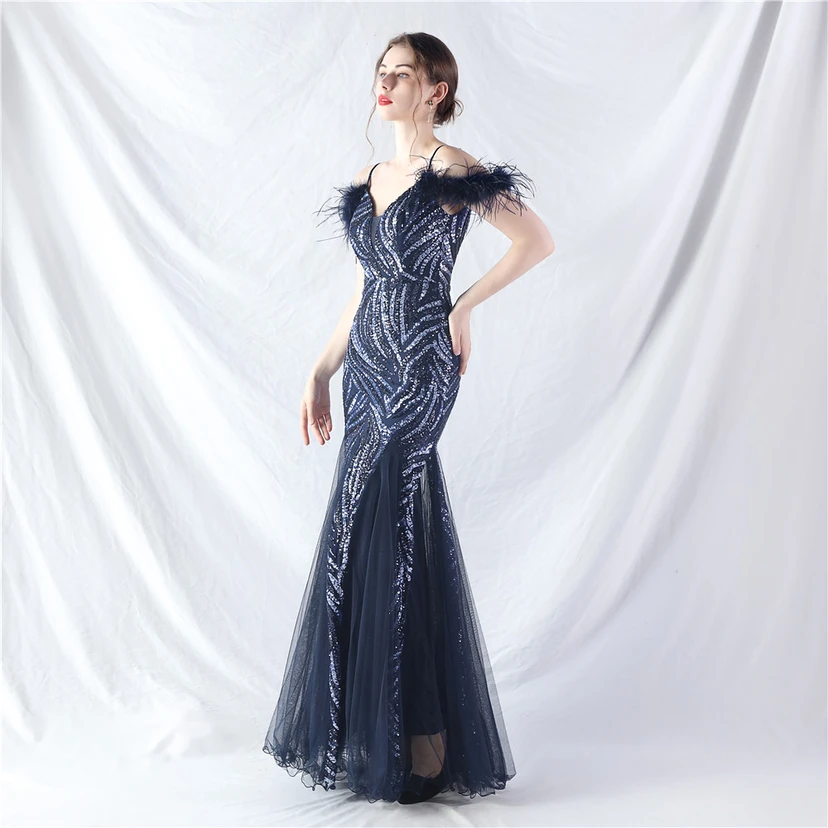 Crafted Ostrich Feather Stacked Sequins Splicing Mesh Gauze High-End Evening Dress Clothes view 43