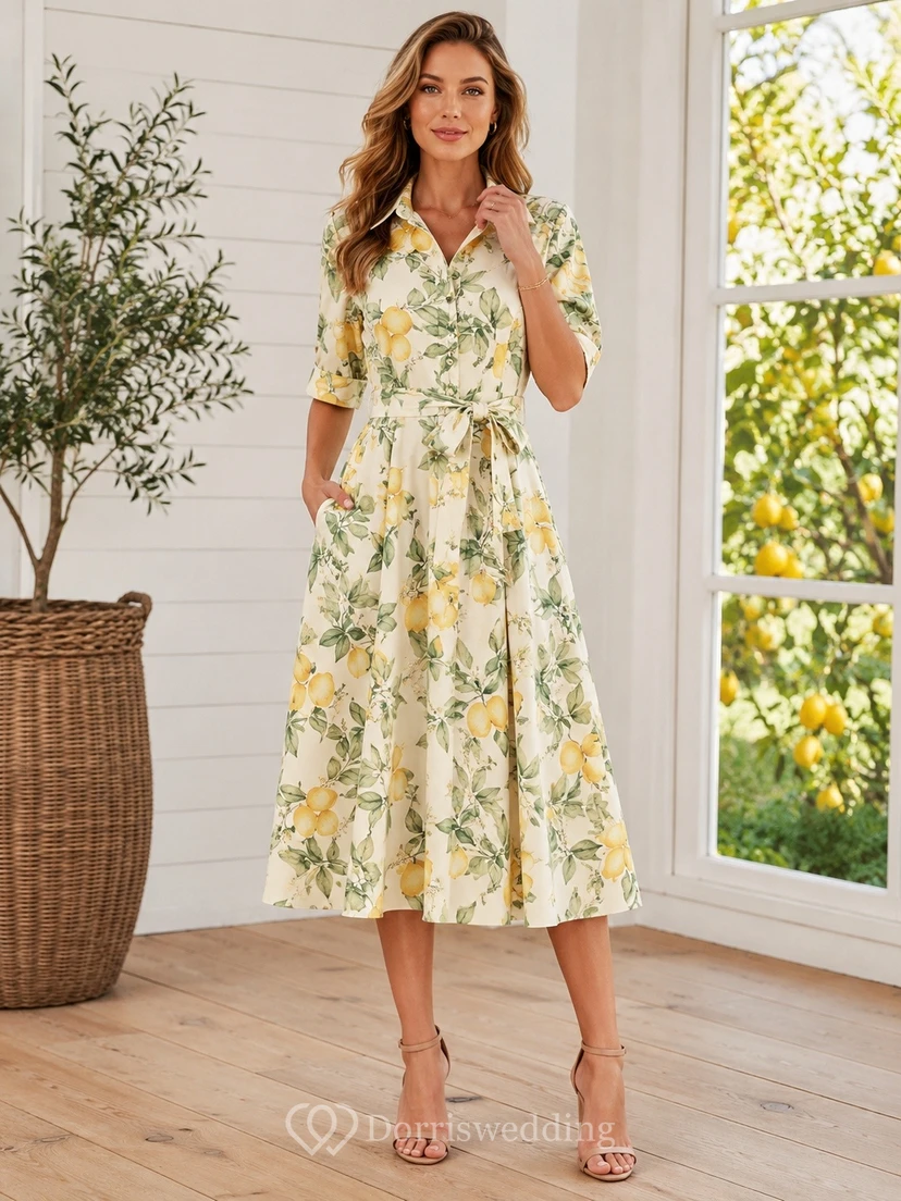Lemon Floral V-Neck Short Sleeve Chiffon A-Line Ankle-Length Dress