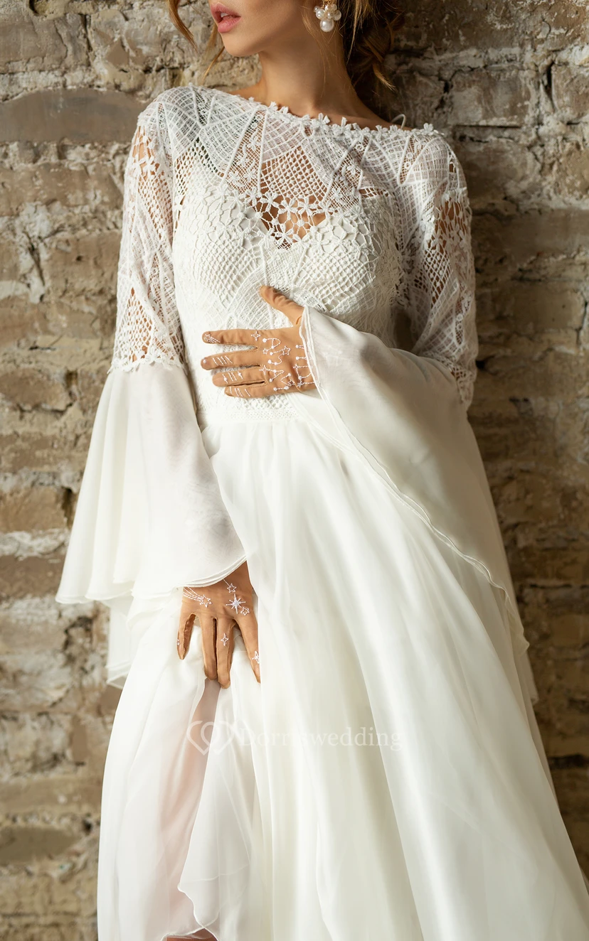 Vintage Bateau-neck Bell Long Sleeve Chiffon Modest Wedding Dress with Deep-v Back and Lace Top view 3