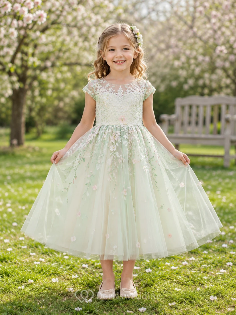 Blumenmädchenkleid, mintgrün, aus Spitze und Tüll, A-Linie, kurze Ärmel, Rundhalsausschnitt, wadenlang