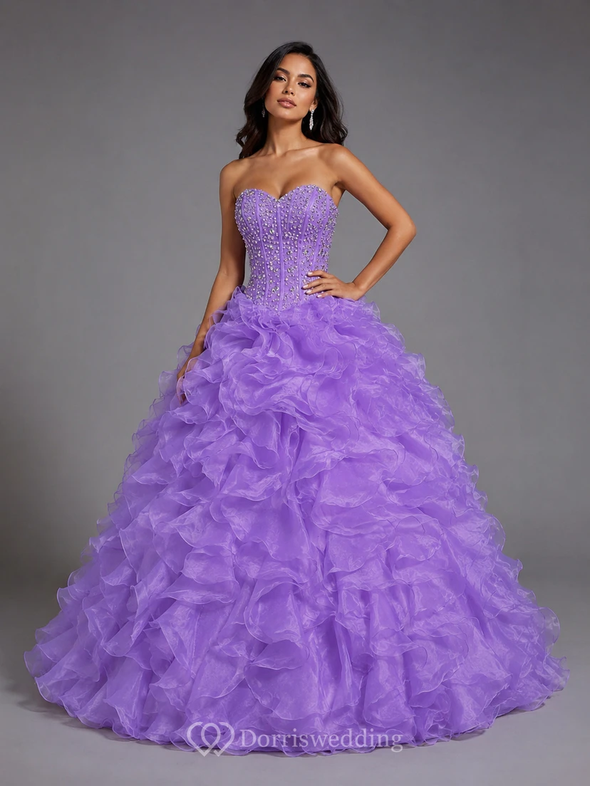 Ball Gown Floor-Length Bell Beading Ruffles Corset Back Lace Organza Dress view 7