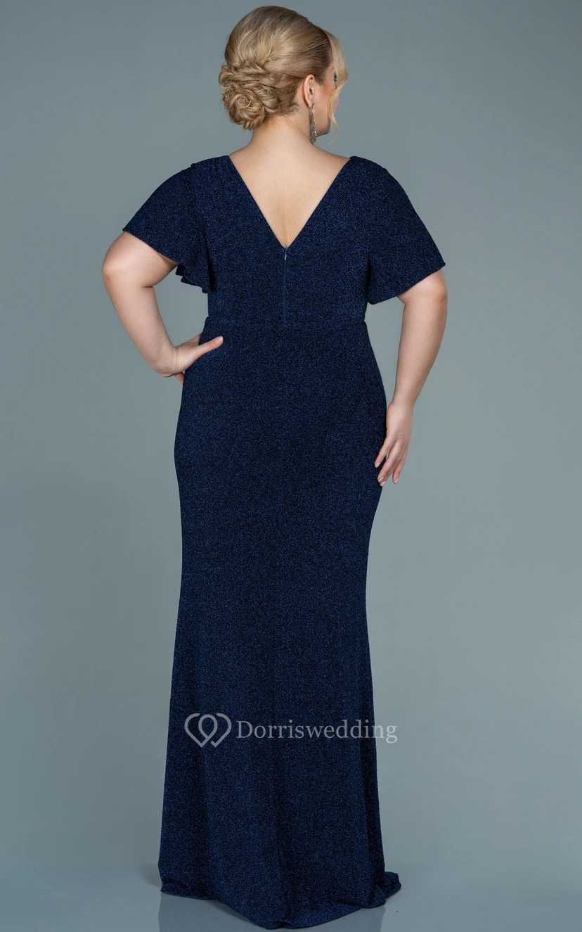 Poet-sleeve V-neck Sequin Ruched Slit Front Plus Size Evening Dress view 4